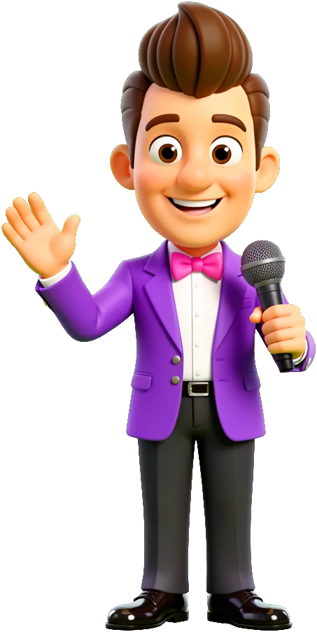 The host of Survey Show waving with a microphone